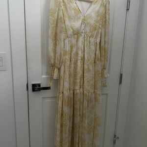Cream and Yellow Long Sleeve Sundress with V-Neck